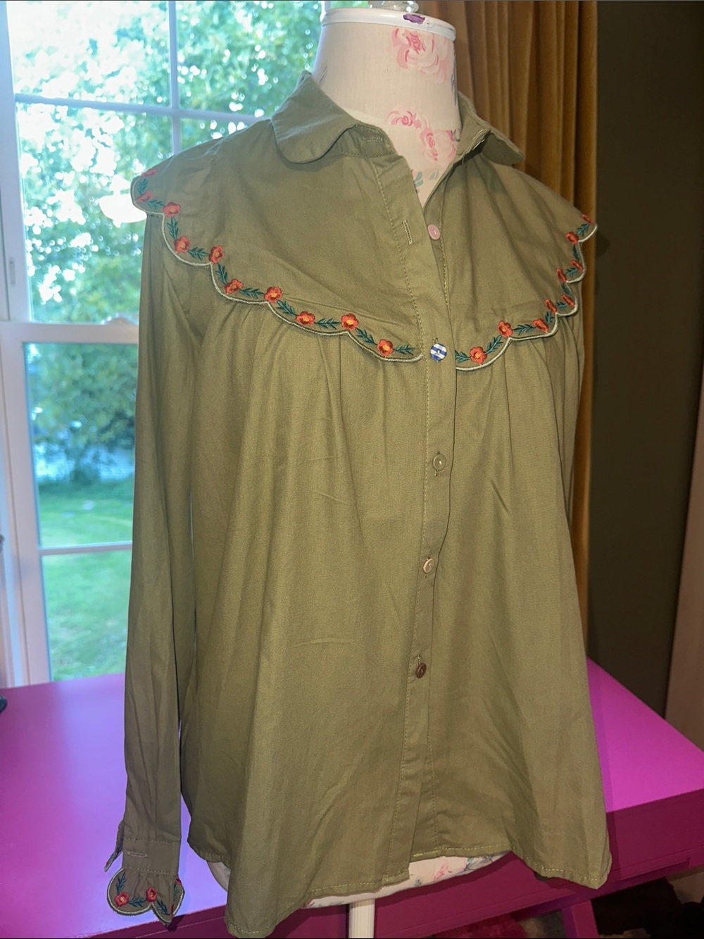 Embroidered Olive Green Button-Down Blouse with Ruffle Yoke